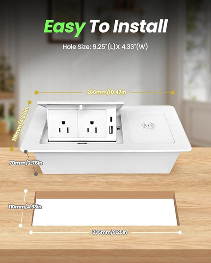 Conference Table Power Hub 15W Wireless Charger and PD20W Type-C Fast Charging, Pop up Outlet Desktop Connection Box with 2AC Outlets and USB Ports for Kitchen Countertop Conference Room, White