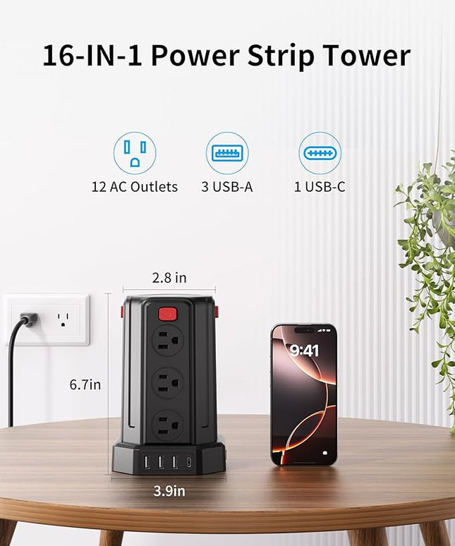 Power Strip Surge Protector, 6.5 Ft Extension Cord with 12 AC Multiple Outlets 4 USB (1 USB C), SMALLRT Power Tower Desktop Charging Station (Black, 6.5 Ft)