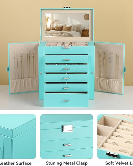 Frebeauty Large Jewelry Box,6-Tier PU Leather Jewelry Organizer,Multi-functional Storage Case with Mirror,Accessories Holder with 5 Drawers for Necklace Bracelets Watches(Turquoise)