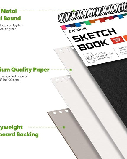 Soucolor Artist 9x12 Sketch Book Set, 4 Pack 100-Sheet Spiral Drawing Pads (68lb/100gsm) | Acid-Free Drawing Paper for Adults Art Supplies, Charcoal, Graphite, Pastel Pencils & Sticks