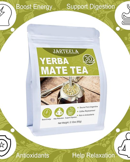 Jarteela - Yerba Mate Tea Bag, 2g x 30 Count - Unsmoked Mate Tea from Argentina - Yerba-mate Tea Bags for Relaxation - Perfect Coffee Replacement