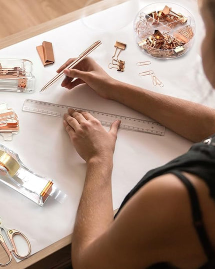 Rose Gold Office Supplies,UPIHO Rose Gold Desk Accessories,Stapler and Tape Dispenser Set with Stapler,Tape Dispenser, Staple Remover, Staples, Clips,Scissor,Pen and Sticky Notes,Gifts for Coworkers