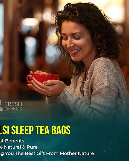 FreshDrinkUS, Tulsi Sleep Tea Bags | 135 Tea Bags | Herbal Blend with Tulsi Holy Basil, Chamomile, Gotu Kola, Ashwagandha & Peppermint | Naturally Caffeine-Free, Relaxing Evening Herbal Tea. Vegan