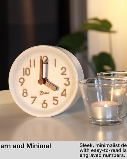 Driini Wooden Analog Desktop Clock – 4.3 in. Decorative Pinewood, No-Tick Design – Easy to Read Silent Sweep Mantle Clock – Quiet Tabletop Clocks with Wood Body, Hands, & Battery Cover; White