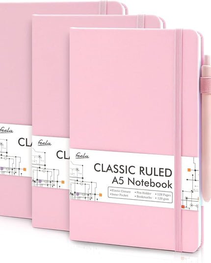feela 3 Pack Notebooks Journals Bulk, Hardcover Notebook Classic Ruled Lined Journals with Pen Holder for Women Girls School Business Supplies, with 3 Black Pens, 120 GSM, 5.1”x8.3”, A5, Rose Pink