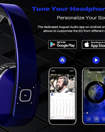 August EP650 Bluetooth Wireless Over-Ear Headphones with aptX Low Latency, NFC, Multipoint Pairing, Wired Option, Built-in Microphone - Blue