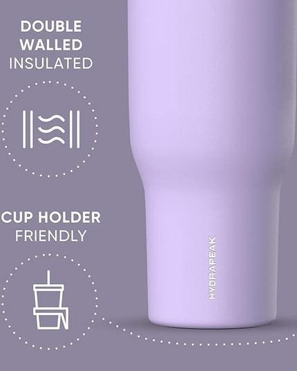 Hydrapeak Voyager 40 Oz Stainless Steel Tumbler with Handle, Insulated Water Bottle With Straw & Lid, Cupholder Friendly Reusable Travel Mug (Lavender)