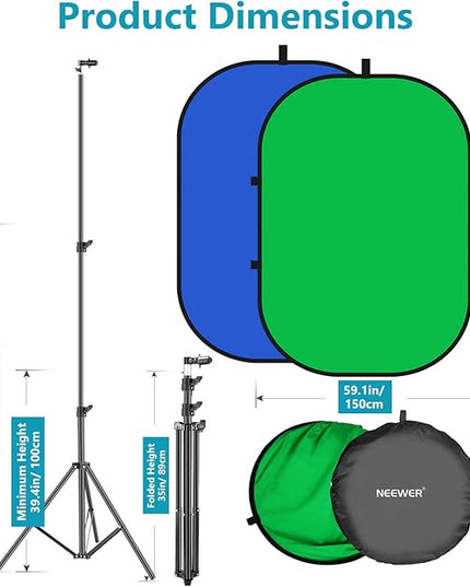 Neewer 5x7ft/1.5x2m Chromakey Foldable Backdrop with Stand 8.5ft/2.6m, 2-in-1 Reversible Green Blue Green Background Panel for Photography Studio, Live Streaming, Video Calls, Games
