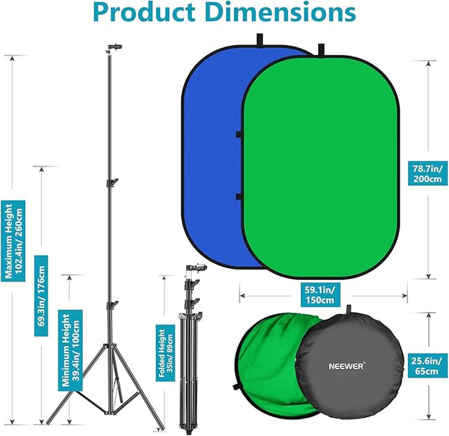 Neewer 5x7ft/1.5x2m Chromakey Foldable Backdrop with Stand 8.5ft/2.6m, 2-in-1 Reversible Green Blue Green Background Panel for Photography Studio, Live Streaming, Video Calls, Games