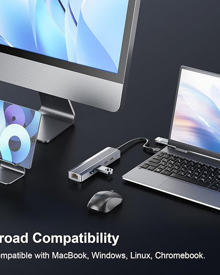 5-in-1 USB C Hub Adapter with Gigabit Ethernet, 2X USB 3.0 Ports, 2X USB C Data Ports, for Windows MacOS Linux Computers and Laptops