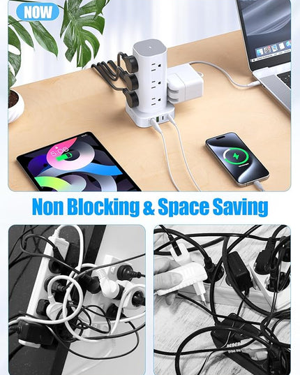 Tower Power Strips with Surge Protection, 6FT Flat Extension Cord with Multiple Outlets, 12 AC 4 USB Ports, Overload Protection Charging Station for Office Home Dorm Room Travel (White)