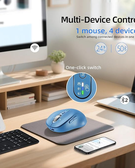 Wireless Bluetooth Mouse Rechargeable,USB+BT×2,Multi Device Quiet Ergo Computer Mouses,Metal 4-Way Super Scrolling,± 3200 DPI,10 Button,Plug&Play,Cordless Mice for Laptop,Tablet,Mac,iPad,PC,Phone-Blue