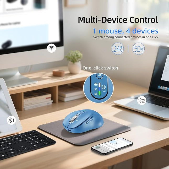 Wireless Bluetooth Mouse Rechargeable,USB+BT×2,Multi Device Quiet Ergo Computer Mouses,Metal 4-Way Super Scrolling,± 3200 DPI,10 Button,Plug&Play,Cordless Mice for Laptop,Tablet,Mac,iPad,PC,Phone-Blue