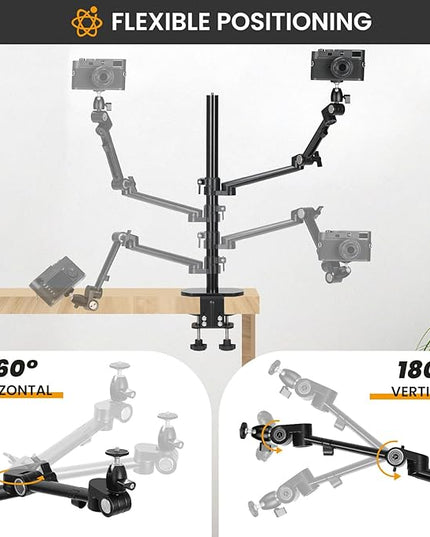 TARION Camera Arm Desk Mount: Heavy Duty DSLR Desktop Mount Camera Stand with Tablet Holder Double C Clamp 1/4 3/8 Screw Adapter Articulating Arm for Selfie Streaming Videography TitanRig Lite Z