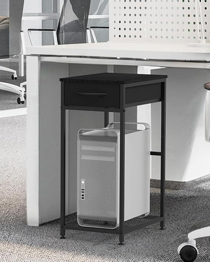 CADUKE 2 Tier PC Stand - Black Computer Tower Stand with Fabric Drawer, Modern Printer Stand with Wheels, Under Desk for Office & Study Room