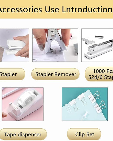suniya Office Supplies,Desk Accessories,Tape Holder,Stapler,Scissor,Staple Remover,Box of Binder Clips,Staples,Ballpoint Pen,Lndex Tabs,Clear Tape,Office Supplies Set(White)