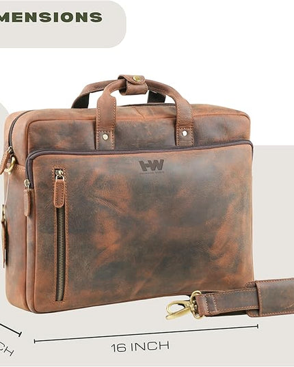 Handmade World Leather Briefcase For Men 'The Contemporary' Fits 17 Inch Laptop Computer Messenger Crossbody Shoulder Bag For Business Travel Office Work