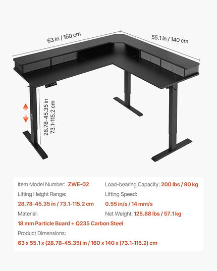 VEVOR 63'' Electric L Shaped Standing Desk, 3 Memory Height, 2-Tier Corner Table with 4 Drawers Storage, 2 Hooks & Cable Hole, Heavy Duty Carbon Steel Sit Stand Computer Workstation, Easy to Assemble