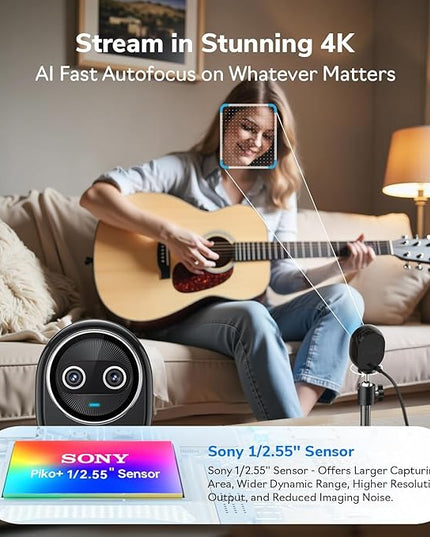 EMEET Piko+ (Piko Plus), World’s 1st Dual-Camera AI-Powered 4K Webcam, 1/2.55'' Sony Sensor, 3 Mics&3 Sound Modes, Panda Magnetic Privacy Cover, USB C-C&C-A, Ideal for Livestreamers