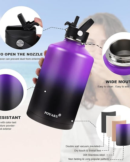 Water Bottle Insulated 32oz 40oz 64oz 128oz Straw Lid Spout Lid & 3 Lids, Leak Proof, Vacuum Insulated,Stainless Steel Water Bottle Wide Mouth for Sports, Gym or Office