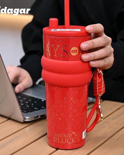 24 oz Tumbler with Lid and Straw, Insulated Coffee Mug Leak Proof, Portable Iced Travel Water Bottle, Reusable Thermal Coffee Cup, Gifts for Women, Scarlet Red