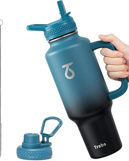 Trebo Insulated Water Bottle 40oz that Fits in Car Cup Holder with Spout Straw Lids, Stainless Steel Bottles Travel Flask with Handle, Metal Reusable Tumbler, Leakproof Keep Cold &Hot,Indigo/Black