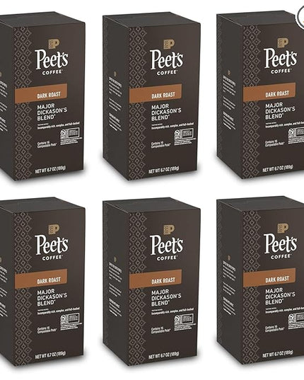 Peet's Major Dickason's Blend Pod – 96 Count (6 Packs of 16) – Dark Roast with Bold, Rich Flavor and Smooth Finish – Compatible with Pelecom Coffee Machines – Peet’s Coffee Pods & Capsules
