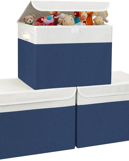 Large 17" 42 Quarts Collapsible Stackable Storage Bins with Lids [3-Pack] Foldable Fabric Linen Storage Boxes Cube, Closet Organizer Baskets with Label for Home (16.7 x 12 x 12", Navy Blue & White)