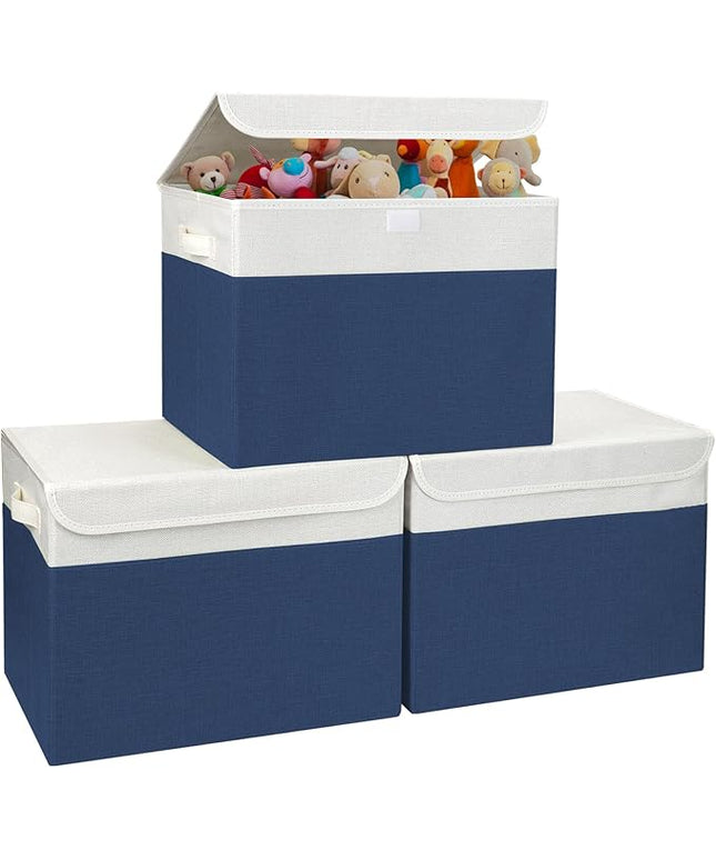 Large 17" 42 Quarts Collapsible Stackable Storage Bins with Lids [3-Pack] Foldable Fabric Linen Storage Boxes Cube, Closet Organizer Baskets with Label for Home (16.7 x 12 x 12", Navy Blue & White)