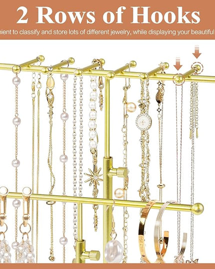 Jewelry Earring Holder Organizer, Adjustable 5 Tiers Rotating Earring Holder 3 Tier Necklace Holder with Wooden Base, Multi-Functional Jewelry Organizer Display Stand for Studs Bracelet Women(Gold)