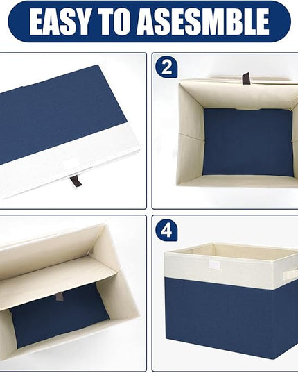 Large 17" 42 Quarts Collapsible Stackable Storage Bins with Lids [3-Pack] Foldable Fabric Linen Storage Boxes Cube, Closet Organizer Baskets with Label for Home (16.7 x 12 x 12", Navy Blue & White)