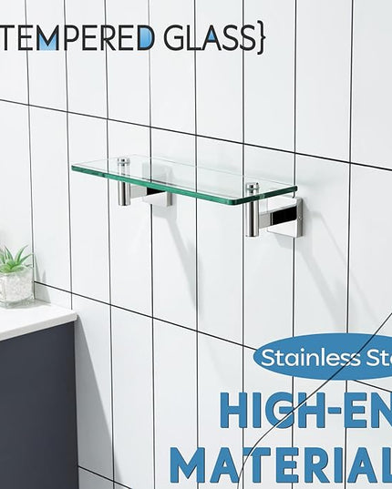 KOKOSIRI Bathroom Shelves Wall Mounted Floating Glass Shelf Polished Stainless Steel 12-Inch Hanging Rack for Storage/Room Decor 2 Pack B1105CH-L12-P2