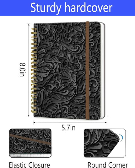 Spiral Journal Notebook, A5 Cute Notebooks for Women Men, College Ruled Hardcover Notebook for Work & Note Taking, 60 Pages Double-Wire Journals for Writing, Luxury Black Flowers