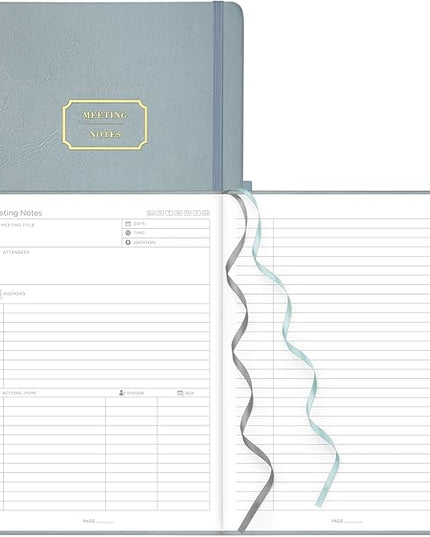 EMSHOI Meeting Notebook for Work with Action Items - 320 Pages B5 Thick Project Planner Agenda Organizer Work Notebook for Women Men Office Business, PU Leather Hardcover, 7.5" x 10", Gray Blue