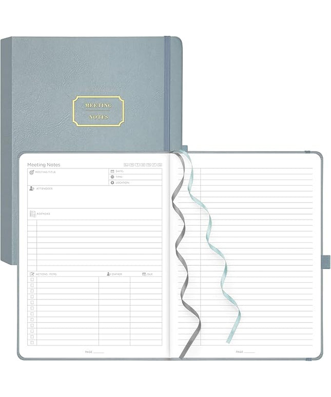 EMSHOI Meeting Notebook for Work with Action Items - 320 Pages B5 Thick Project Planner Agenda Organizer Work Notebook for Women Men Office Business, PU Leather Hardcover, 7.5" x 10", Gray Blue