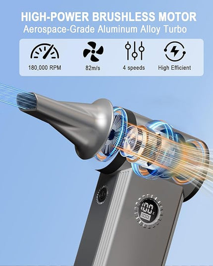 Cordless Electric Air Duster - 180K RPM Brushless Motor, 45W SuperFast Charge, 29.6Wh Rechargeable Battery, 4-Speed Adjustable Dust Blower for PC Cleaning, Electronics, Car & Woodworking, Silvergray