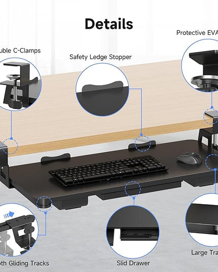 Keyboard Tray Under Desk with Storage Drawer Large C-Clamp 26.7”(31” Including Clamps) x 11.8” Slide-Out Platform Computer Drawer Pull Out Keyboard & Mouse Tray DSF7CT