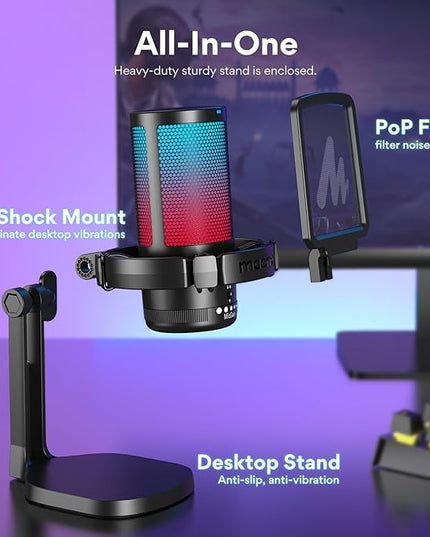 MAONO USB Gaming Microphone for PC, Noise Cancellation Condenser Mic with RGB Lights, Mute, Gain for Streaming, Recording, Podcast, Chat, Twitch, YouTube, Discord, Computer, PS5, PS4, GamerWave