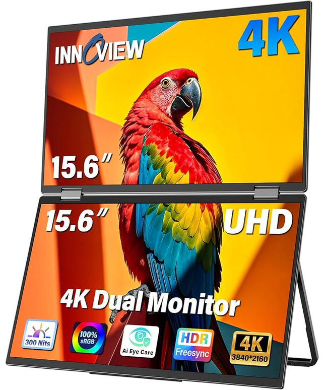 InnoView 15.6" 4K Dual Portable Monitor 3840x2160P 100% sRGB | Owl Eye Vision - Foldable Design with 315° Screen Adjustment, 180° Stand | DP/USB-C/HDMI, Dual Screen Extender for Laptop, Mac, Windows