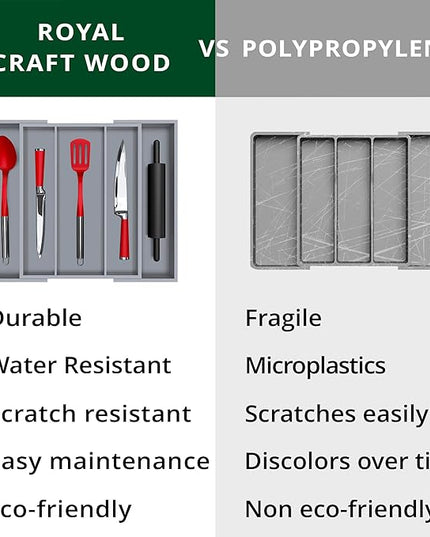 ROYAL CRAFT WOOD Luxury Bamboo Kitchen Drawer Organizer - Silverware Organizer - Utensil Holder and Cutlery Tray with Grooved Drawer Dividers for Flatware and Kitchen Utensils (5 Slot, Gray)