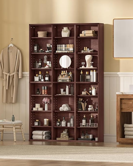 LELELINKY 8 Tier Tall Display Cabinet, Walnut Media Storage Cabinet with Adjustable Shelves, Free Standing DVD Organizer Shelf, Floor Multimedia Storage Manga Bookshelf for Living Room & Home Office.