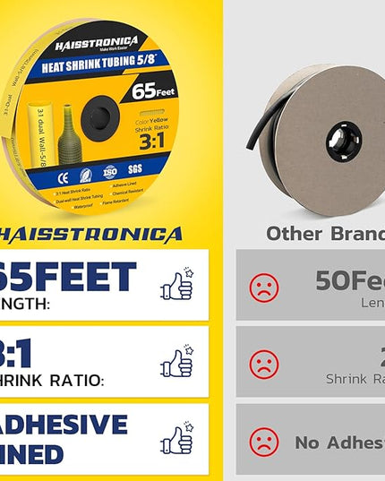 haisstronica 3:1 Heat Shrink Tubing, Shrink Ratio Adhesive Lined Marine Grade Heat Shrink Tube for Home, Automotive and Industrial (Yellow) 65FT 5/8inch