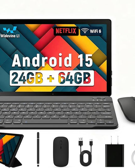 Latest 2025 Upgraded Android Tablet 10.1 Inch with IPS HD Touch Screen, Dual Camera, 64GB Storage 1TB Expansion, 8 in 1 Tablets Kit with Keyboard, Protective Case, Mouse, Stylus, BT 5.4, WiFi 6