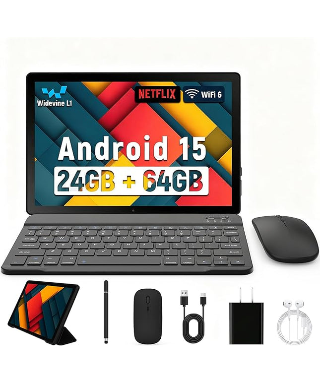 Latest 2025 Upgraded Android Tablet 10.1 Inch with IPS HD Touch Screen, Dual Camera, 64GB Storage 1TB Expansion, 8 in 1 Tablets Kit with Keyboard, Protective Case, Mouse, Stylus, BT 5.4, WiFi 6