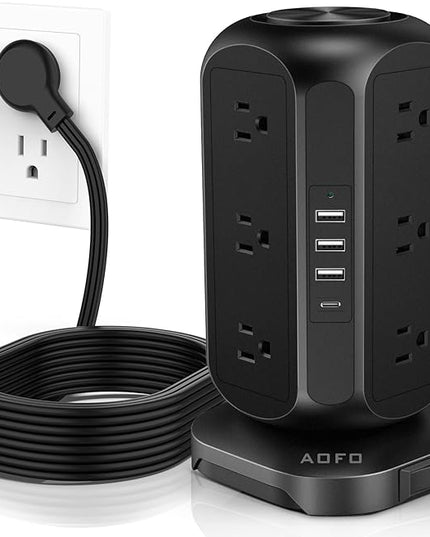 Power Strip Tower AOFO Surge Protector 12 AC Outlets with 4 USB(1 USB C) Ports Charging Station with Overload Protection, Widely Spaced Multiple Outlets with 10Ft Extension Cord for Home,Dorm & Office