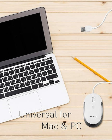 Macally Silent Wired Mouse - Slim & Compact USB Mouse for Apple Mac or Windows PC Laptop/Desktop - Designed with Optical Sensor & DPI Switch - Simple & Comfortable Wired Computer Mouse (White)