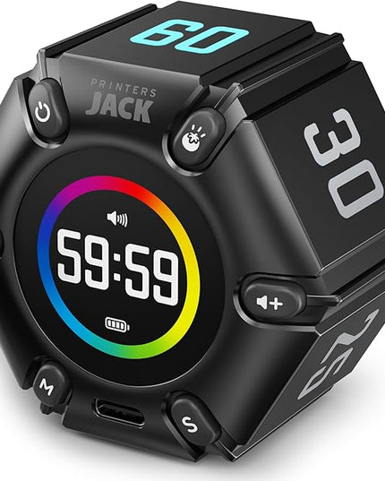Jack Pomodoro Timer - Productivity Cube, Visual Focus Timer, Mute & Vibration & Adjustable Sound Alert, for Office, ADHD, Study, Work, 3/5/10/25/30/60min & Custom Countdown - Black