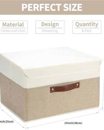 8 Pack Decorative Storage Bins Containers Fabric Bins with Lids Storage Baskets Bulk for Shelves Drawers, Desktop, Closet, Playroom, Classroom, Office, Bedroom, (15INx10INx10IN, Beige/White)