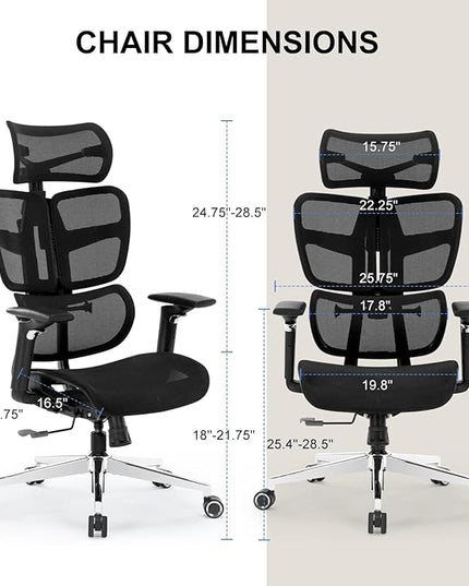 Ergonomic Mesh Office Chair with Adjustable Armrests, Lumbar Support,Big and Tall Desk Chair with Headrest and Smooth Rolling Base,Swivel Comfy Task Chair for Home Office,Black