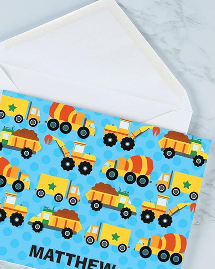 Current Construction Kids Personalized Note Cards - 24 Cards with White Envelopes, 4¼ x 5½ Inch Size, Blank Stationery, Add Names or Text, For Thank You Notes, Invitations, & Announcements